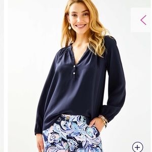 Lily Pulitzer Navy Blue Silk Blouse Elsa